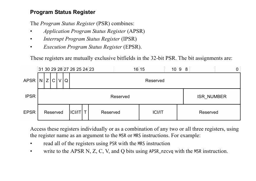 ARM Program Status Register — APSR, IPSR, EPSR layout